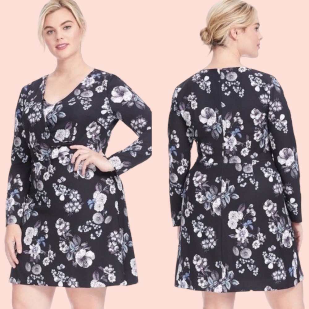 Adrianna Papell Tiffany Etched Floral Fit & Flare Long Sleeves Surplice Dress